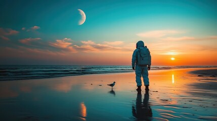 Astronaut on Beach at Sunset with Moon Rising: A Surreal Scene of Nature and Space Together