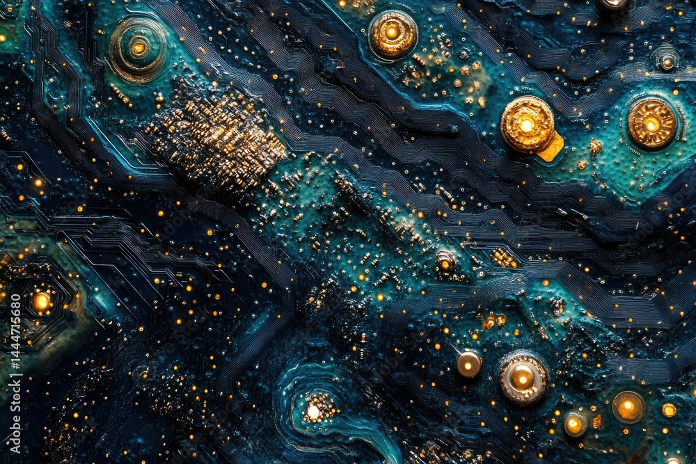 Poster Close-up of a circuit board resembling a cosmic nebula, with intricate pathways and glowing components.