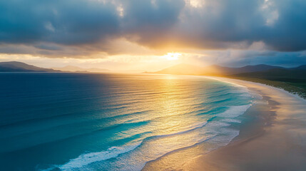 Obraz premium Vast ocean under storm clouds with golden sunlight illuminating turquoise patches