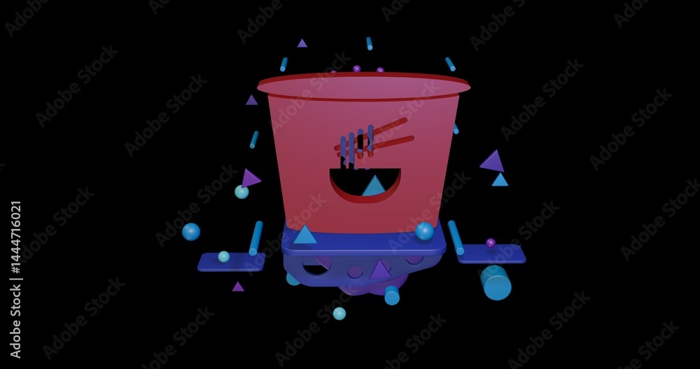 Poster red instant noodles symbol on a pedestal of abstract geometric shapes floating in the air. abstract 
