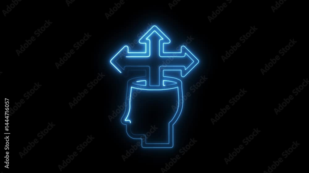 Poster decision making process neon silhouette on black background animated graphic head symbolizing choice