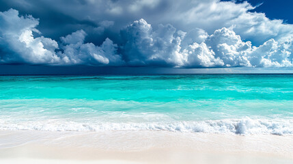 Fototapeta premium Dramatic contrast between storm clouds and sun-drenched turquoise ocean waters at sunset