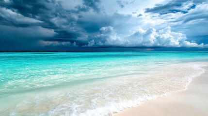 Obraz premium Dark storm clouds loom over shimmering teal waters at the ocean's edge before sunset