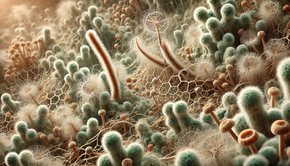 Obraz premium Microscopic Fungi Jungle. A photorealistic depiction of a nanoscale forest of fungi with incredible soft textures and networks.