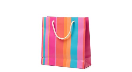 A colorful shopping bag with vibrant stripes and rope handles positioned in the middle of a white background
