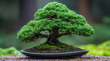 A meticulously crafted bonsai tree, showcasing its miniature size and intricate details of its branches, trunk, and foliage
