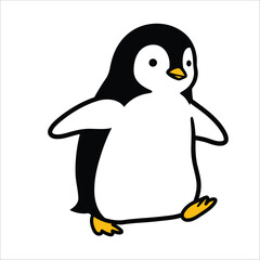 Stylized illustration of an adorable penguin. It has a rounded body with black and white colors, a small yellow beak