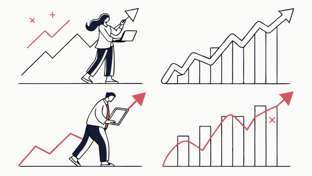 Simple Line Art Business Growth Success Illustration People Laptops Charts Upward Trend Data Analytics