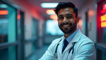 Obraz premium Man, Woman. Enthusiastic professional. Portrait of young doctor working in modern health center looking at camera with confident smile, happy to meet patient consultation, proud of his profession.