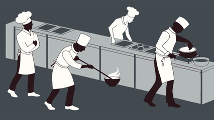 Grayscale illustration showing a team of professional chefs cooking and preparing food in a busy restaurant kitchen