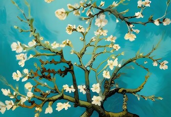 Tree with white flowers is shown on a blue background. Watercolor. Paints