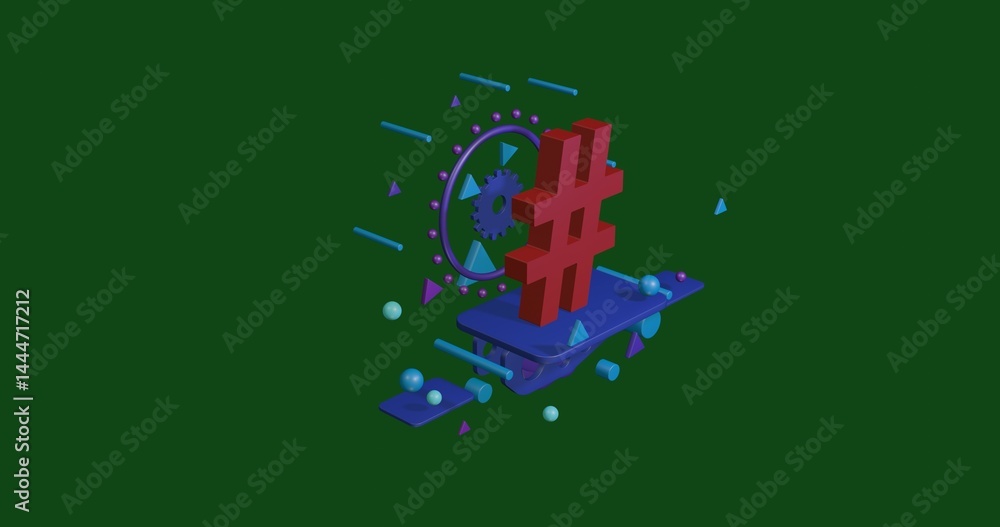 Poster red hash symbol on a pedestal of abstract geometric shapes floating in the air. abstract concept art