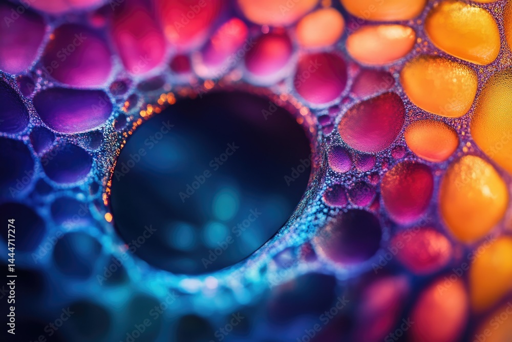 Poster Vibrant abstract image of colorful oil and water bubbles creating a mesmerizing pattern.
