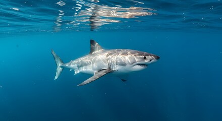 Fototapeta premium Great White Shark Swimming Underwater in Blue Ocean