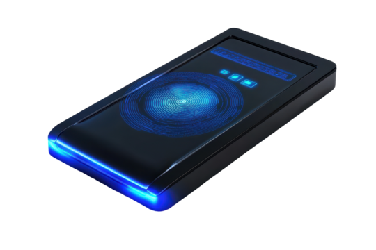 High resolution biometric fingerprint device isolated on white suitable for digital security and identity protection topics