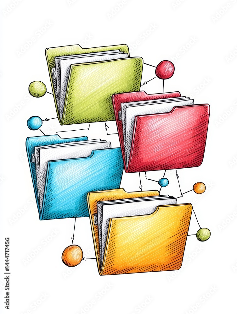 Poster connected file folders - colorful illustration of interconnected folders symbolizing data sharing, o