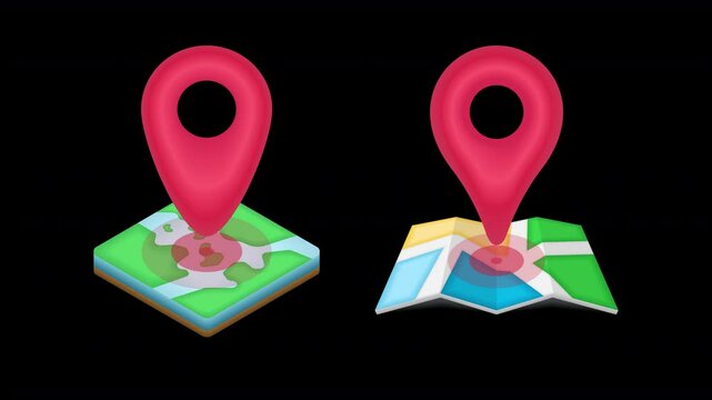 3D Isometric GPS Map Pin Icon Animation. Location Marker, Travel Direction, Navigation Symbol with Alpha Channel for Motion Graphics, Road Trip & City Guide Video.