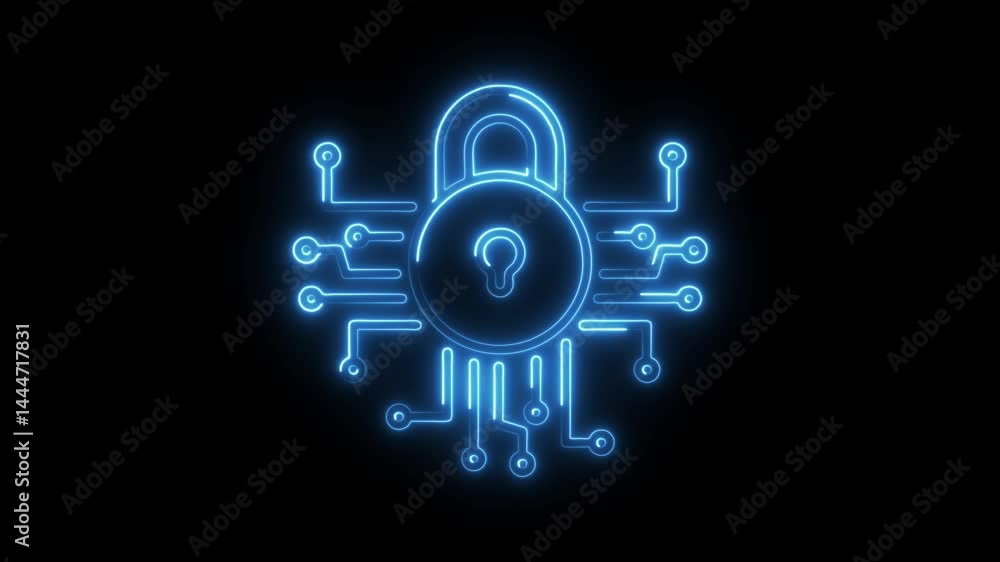 Poster digital security concept animated neon lock and circuit board on black background cybersecurity data
