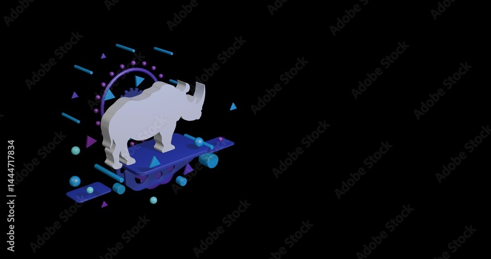 Poster white rhino symbol on a pedestal of abstract geometric shapes floating in the air. abstract concept 
