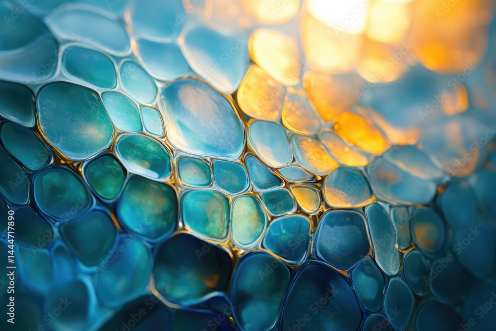 Fototapete Abstract image of teal and gold liquid creating a mesmerizing pattern of interconnected bubbles.
