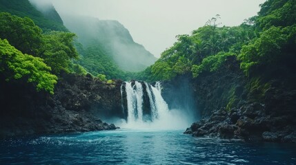 Fototapeta premium Lush tropical waterfall cascading into vibrant blue water