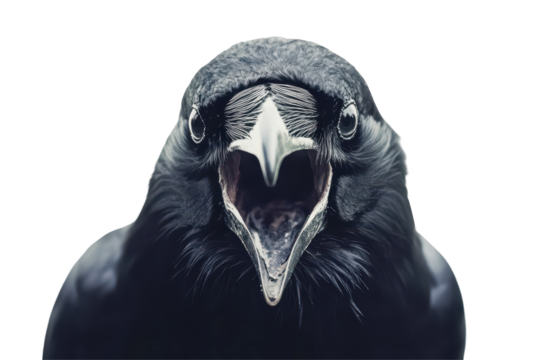 Black crow making odd sounds shown with mouth open isolated clearly on white background for effect