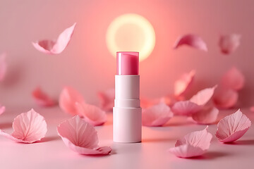 Lip balm application floral setting product photography soft lighting close-up beauty concept