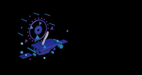 White kitchen knife symbol on a pedestal of abstract geometric shapes floating in the air. Abstract concept art with flying shapes on the left. 3d illustration on black background