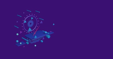 Pink sword symbol on a pedestal of abstract geometric shapes floating in the air. Abstract concept art with flying shapes on the left. 3d illustration on deep purple background