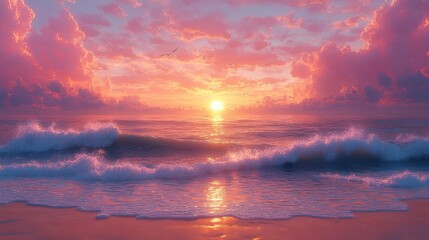 Fototapeta premium Serene sunset over calm ocean waves with pink clouds reflecting in water