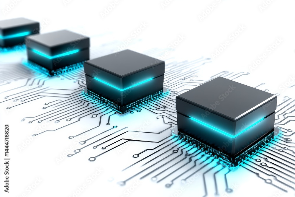 Poster data cube network technology - abstract of data cubes on a circuit board, representing technology an