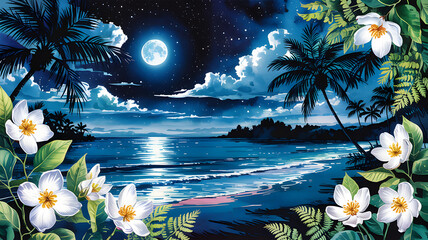 Tropical Moonlit Paradise: A tranquil and enchanting scene depicting a tropical paradise bathed in the soft glow of a full moon. The serene ocean reflects the moonlight, creating a magical ambiance.