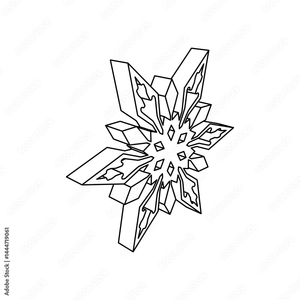 Poster the outline of a large snowflake is made with black lines. 3d view of the object in perspective. vec