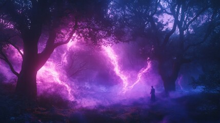 Fototapeta premium A mystical forest scene with glowing purple lightning and a figure standing among tall trees in a dreamy atmosphere.