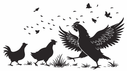 Naklejka premium Black and White Farm Silhouette Illustration Three Chickens and Flying Birds