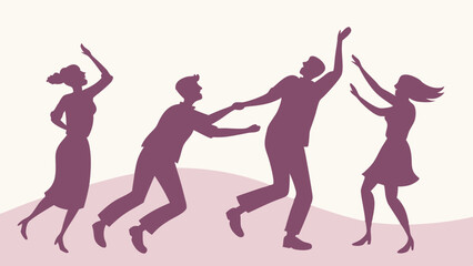 Retro Purple Silhouettes of Four People Dancing Energetically Party Celebration Graphic