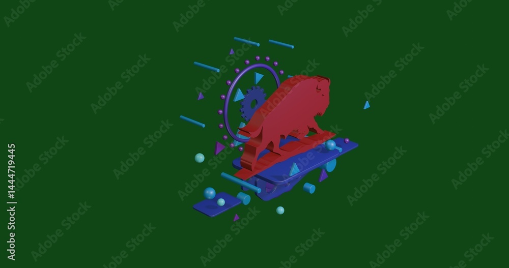 Poster red wild buffalo on a pedestal of abstract geometric shapes floating in the air. abstract concept ar