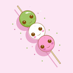 Flat vector illustration of Japanese dango on a stick, each mochi ball has a happy face, pink, white and green colors, sparkles and joy, cartoon kawaii