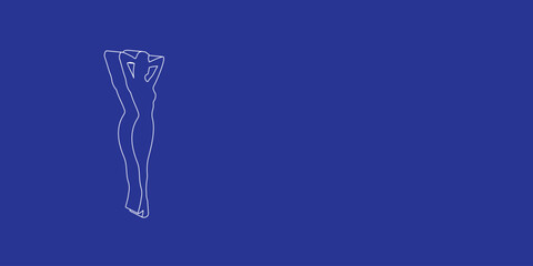The outline of a large sexy woman image made of white lines on the left. 3D view of the object in perspective. Vector illustration on indigo background