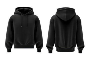 Plain black hoodie in front and back mockup isolated on white for apparel branding or layout use