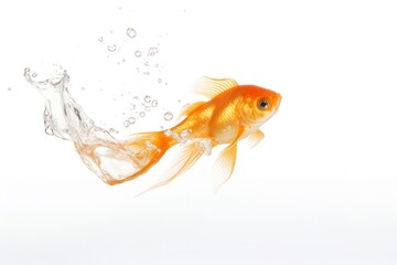 goldfish soaring above a glass aquarium, water droplets suspended mid-air as it breaks free from the surface