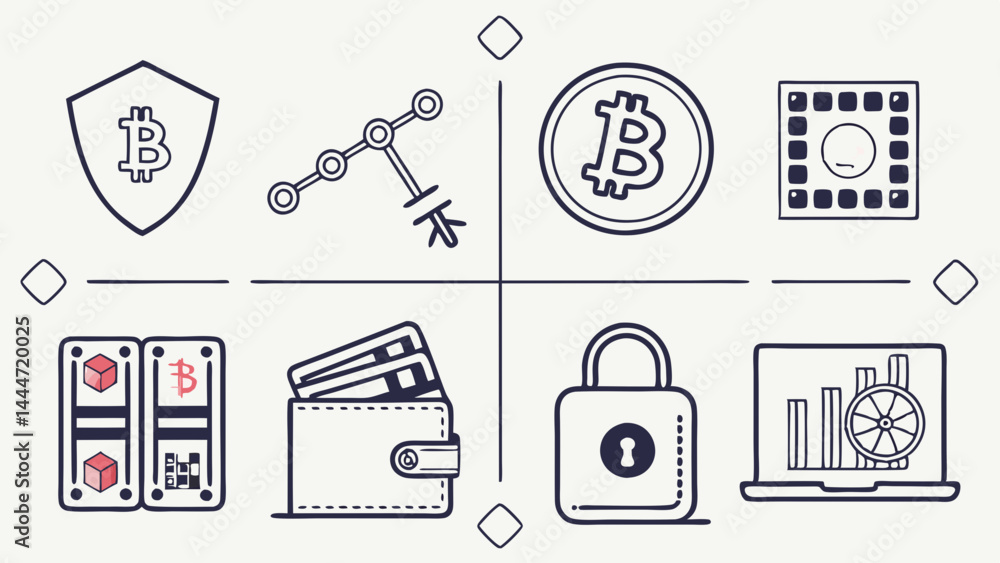 Aufkleber monochrome line art icons bitcoin blockchain security wallet mining and crypto concepts