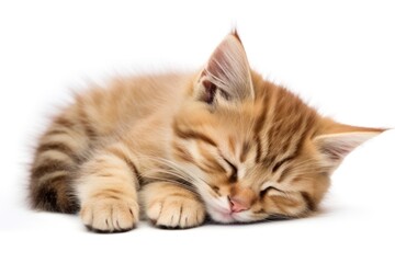 Obraz premium brown tabby kitten with a white belly, peacefully sleeping on its back with paws in the air. Its soft fur appears smooth