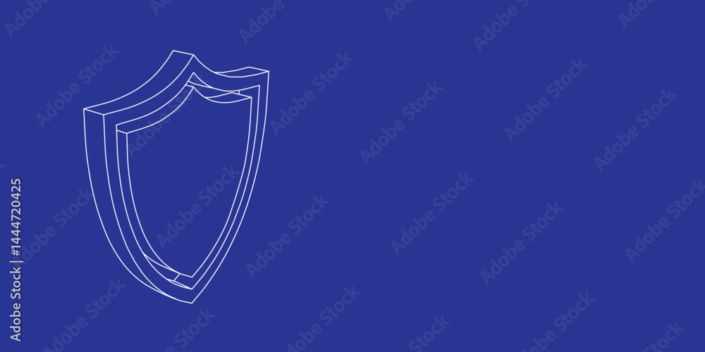 Poster the outline of a large shield symbol made of white lines on the left. 3d view of the object in persp