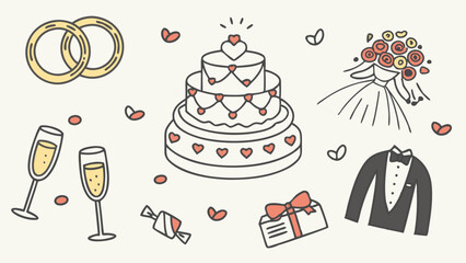 Simple Line Art Wedding Icons Illustration Rings Cake Bouquet Champagne Gift Tuxedo Petals