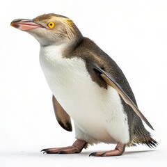 Yellow-eyed penguin isolated on white background. Endangered wildlife species