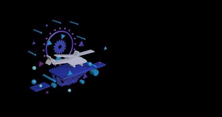 White helicopter symbol on a pedestal of abstract geometric shapes floating in the air. Abstract concept art with flying shapes on the left. 3d illustration on black background