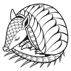 Armadillo Sleeping, Curled, Shelled, Black and White Outline Style Design