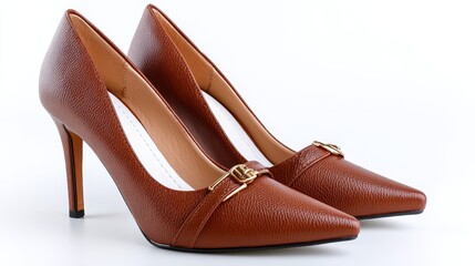 Fototapeta premium Elegant Brown Leather Heels - Stylish brown leather high heels with gold buckle detail. Perfect for work or special occasions