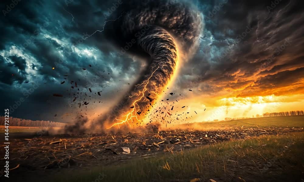 Poster a powerful tornado touches down in an open field with flying debris made with generative ai technolo